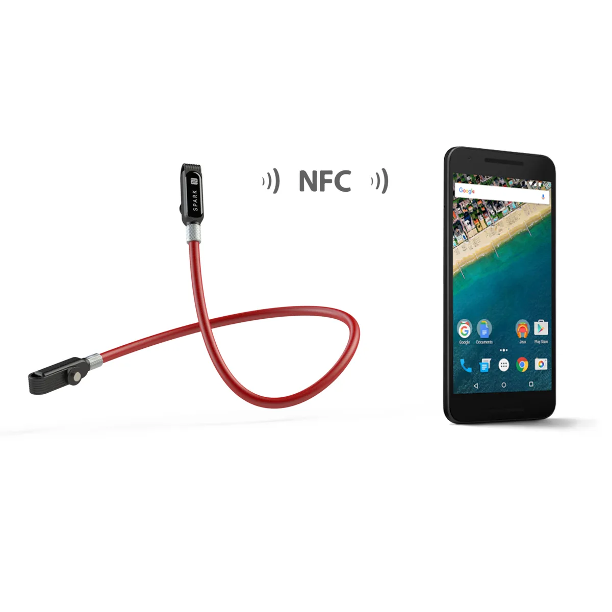 Cordon SPARK approché d'un smartphone pour déclencher une action via la puce NFC.